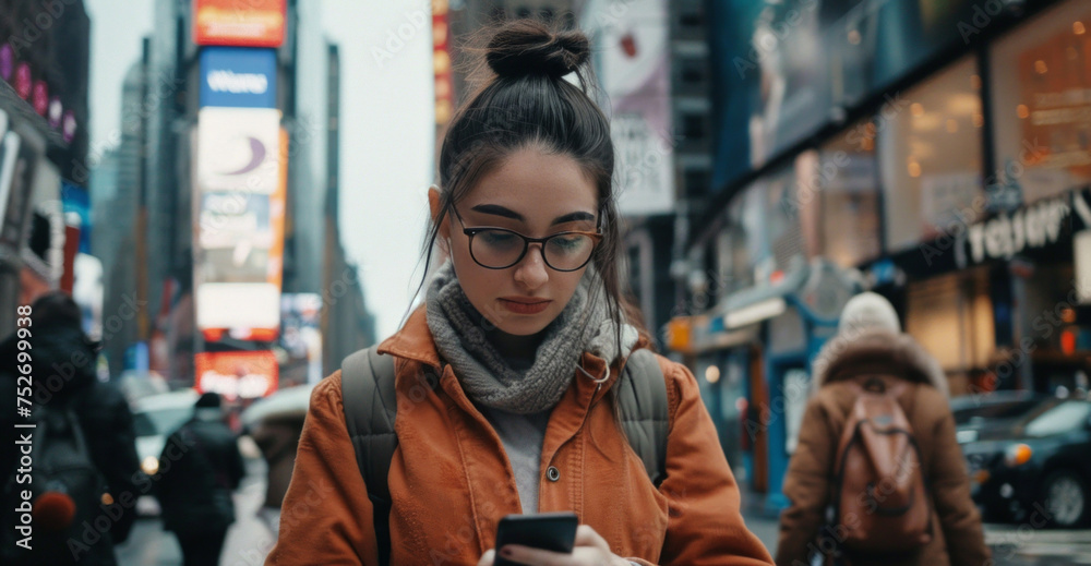 Young female in orange jacket texting on phone amidst Times Square's vibrant ads.