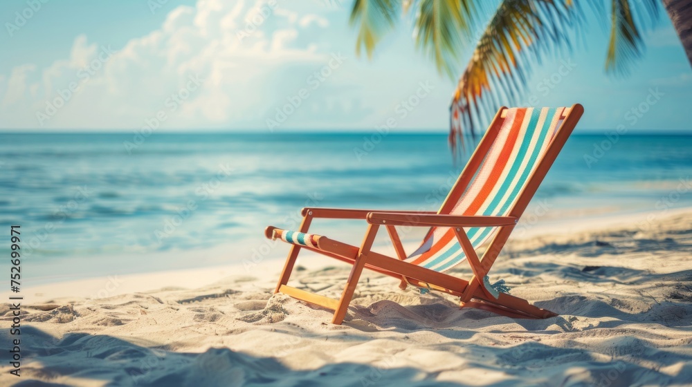 Empty striped beach chair facing the calm ocean, symbolizing peaceful solitude on a tropical beach. Empty striped beach chair facing the calm ocean, symbolizing peaceful solitude on a tropical beach.