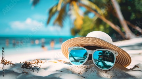 A white hat with sunglasses on a tropical beach, clear summer vacation vibes.