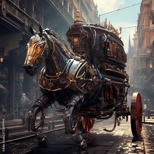 Cybernetic horse-drawn carriage in a steampunk city