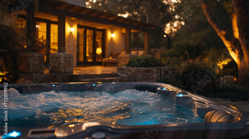 The soft light of the hot tubs multicolored LED system casting a gentle glow over the water.