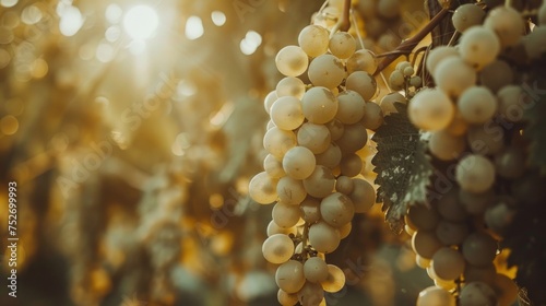 Clusters of ripe white grapes on vine, basking in the golden sunlight, ready for the harvest season. © tashechka