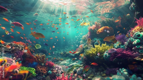 the vibrant marine life thriving in a colorful coral reef beneath the crystal-clear waters of the sea. © Ahmad