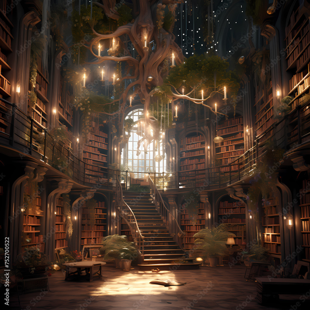 Enchanted library with books that come to life - obrazy, fototapety, plakaty 