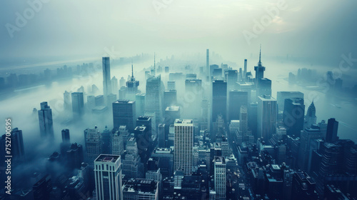 analogue still high angle shot of a foggy metropolitan city landscape