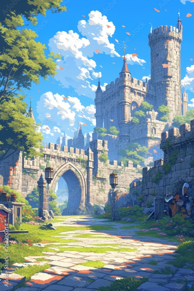 castle background in pixel art style. Fantasy Game Assets.