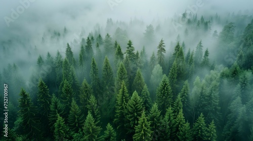 Misty Forest Aerial Photograph with Pine Trees. Foggy, Atmospheric Nature Background
