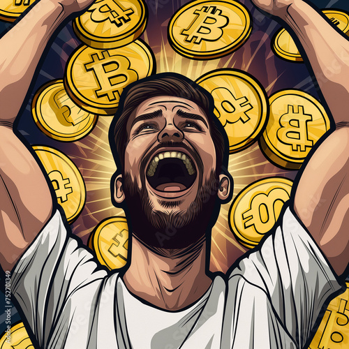 cartoon man with happy bitcoin