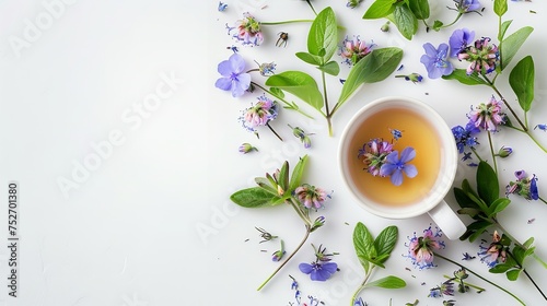Top view of herbal tea in a cup made with lungwort or pulmonaria flower and decorated with flowers with space for text or product, Generative AI.