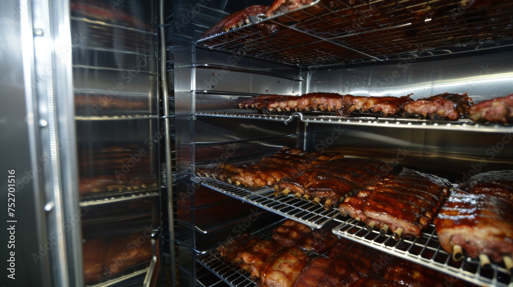 The interior of the smoker is lined with metal racks ready to hold racks of ribs or chicken.