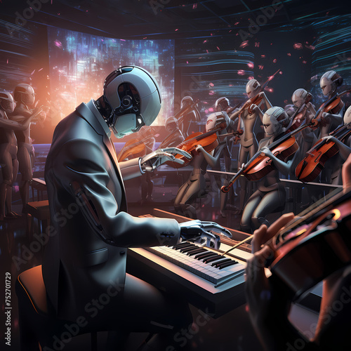 Robot conducting an orchestra of holographic musicians