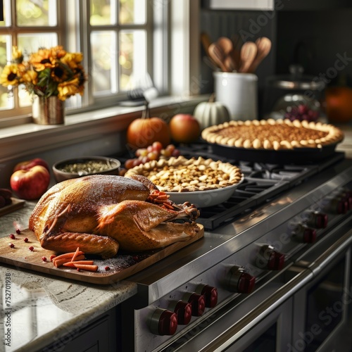 A kitchen scene with a thanksgiving dinner. The counter is filled with ingredients for the meal pumpkins, apples. and baking, capturing effort that goes into the meal.