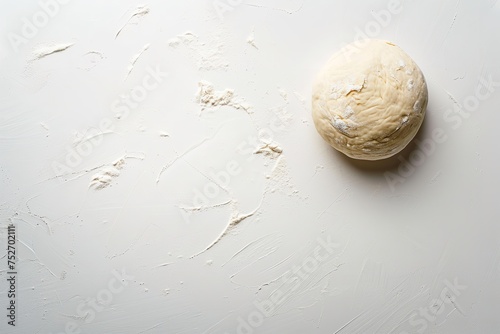 Top view of single raw dough ball in a clean white surface with a big surface for text or product  Generative AI.