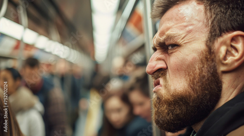 A man with a furrowed brow and clenched jaw clearly frustrated by the overcrowded train and the daily commute. photo