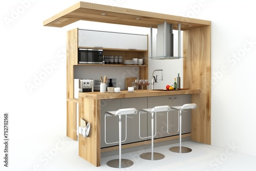 Compact kitchen and breakfast bar combo in a small apartment, maximizing space and functionality, on isolated white background, Generative AI
