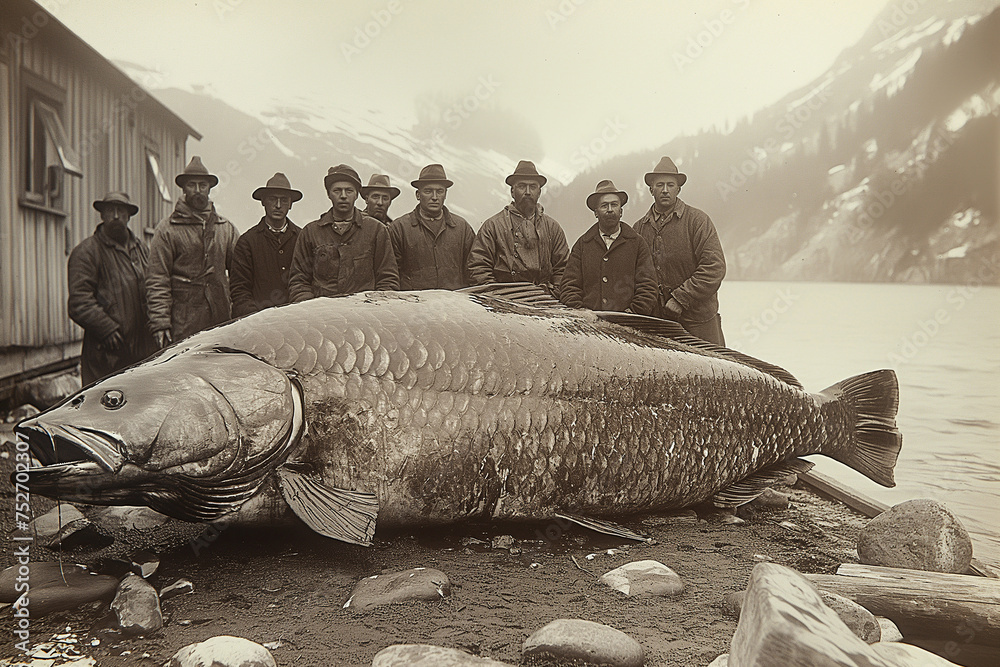 male fishermen stand next to record catch of a giant large big fish in ...