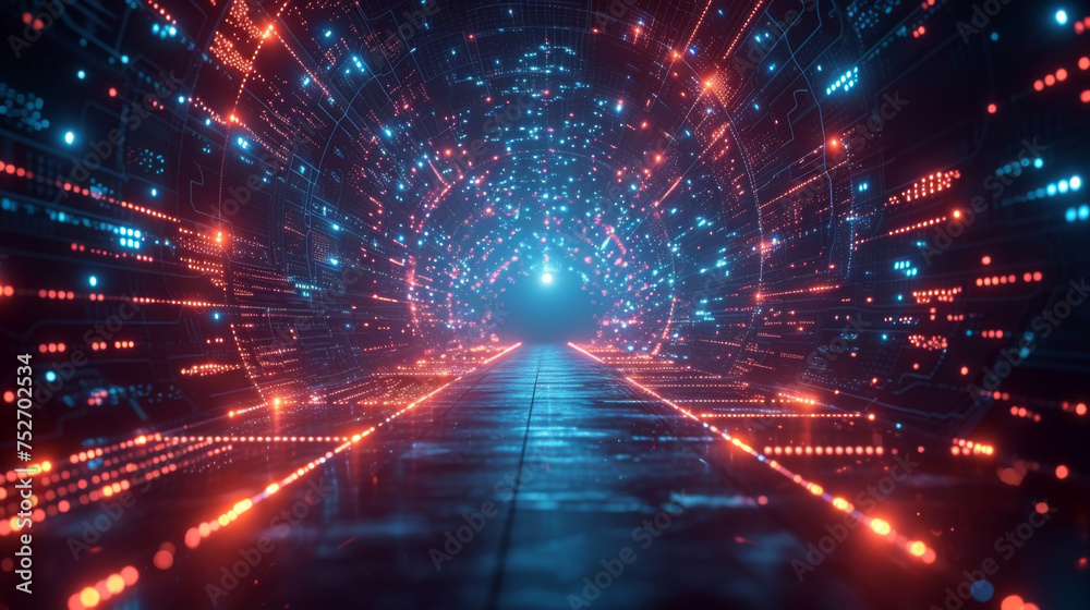 Fototapeta premium A futuristic landscape with a digital sky that shows a timeline of financial goals and achievements. The ground is divided into sections representing different areas of financial