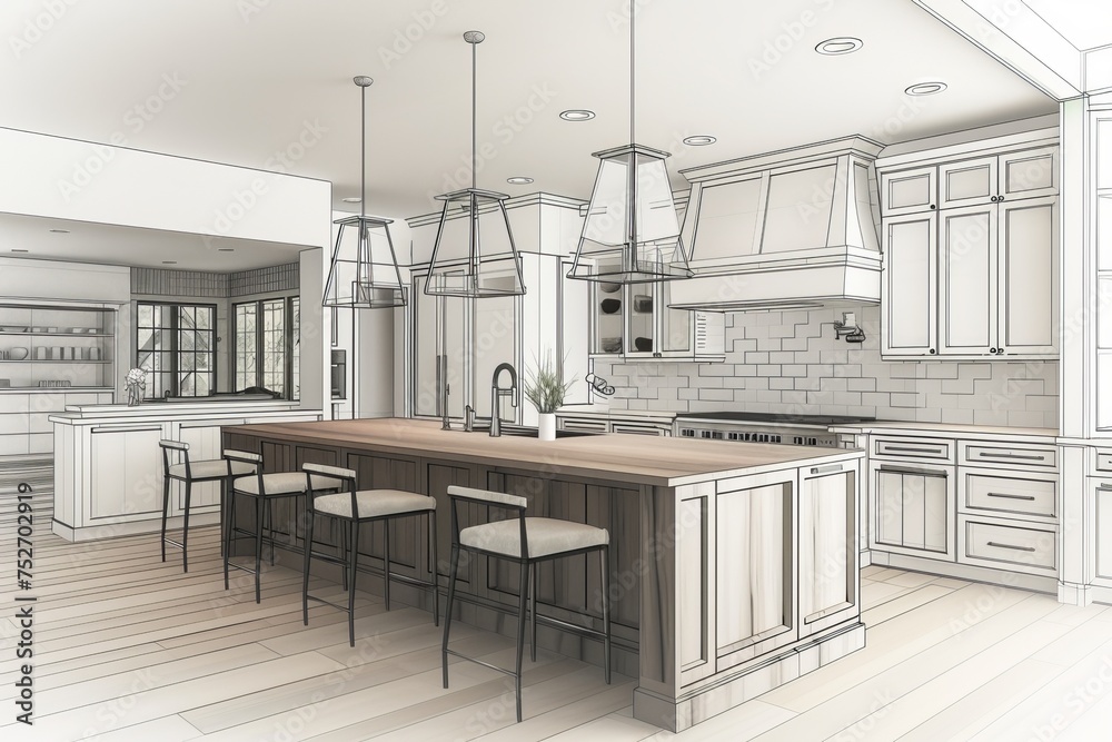 Family-friendly kitchen and bar area designed for entertaining, with ample seating and kid-friendly features, on isolated white background, Generative AI