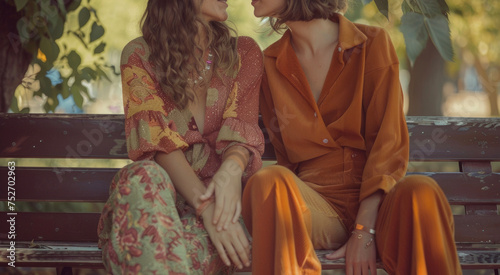 Two friends sitting on a bench one in a flowy bohemian blouse and wideleg pants the other in a vintage corduroy jumpsuit both showcasing how vintage and modern styles can