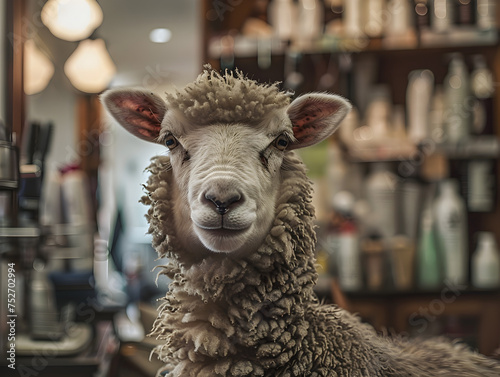 A detailed view of a sheep's face with a barbershop background, highlighting the contrast between wilderness and human business
