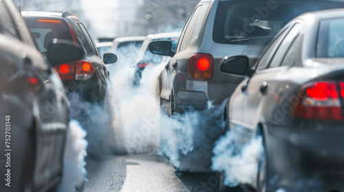 Cars emitting smoke and polluting air in a congested traffic jam.