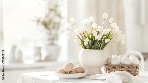 Easter table decor with Easter colorful eggs and spring flowers, top view