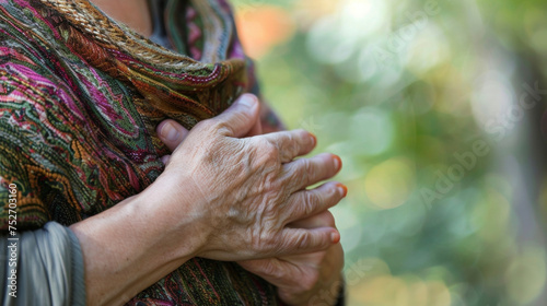 A persons hand gently p on their chest symbolizing the soothing and heartcentered aspects of Reiki healing. photo