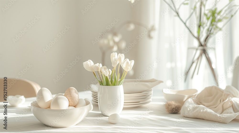 White Easter table with eggs and vase with flowers