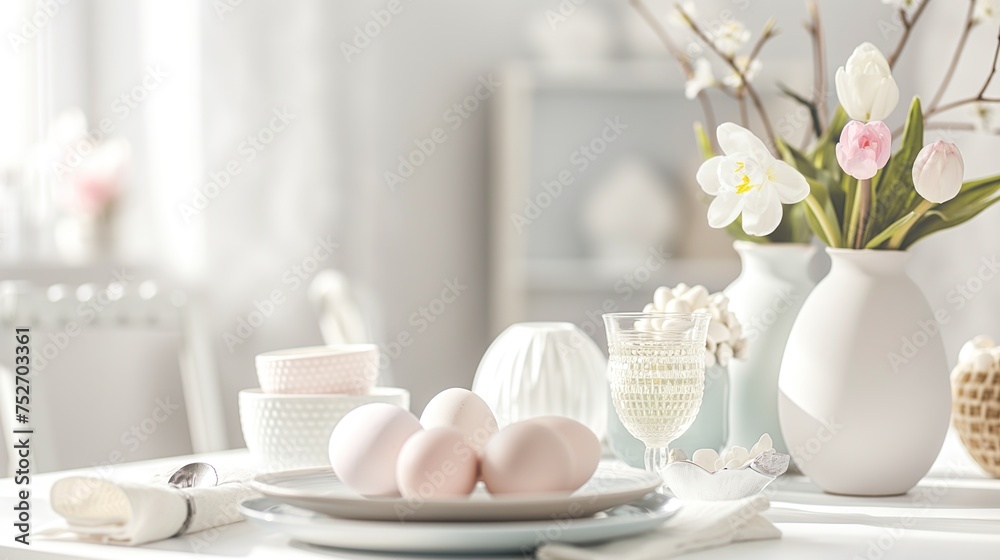 Easter simple table decor with eggs and spring white flowers tulips