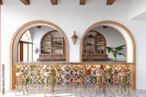 Mediterranean-style kitchen and bar featuring tiled countertops and arched doorways, on isolated white background, Generative AI © Box Milk