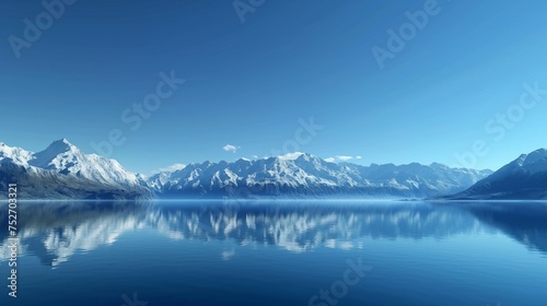 Snow-covered peaks reflecting in a serene lake, creating a breathtaking panorama under a clear, deep blue sky. © Salahuddin,s