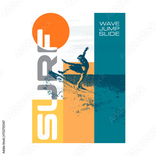 Surfing poster with surfer silhouette. Extreme sport vector illustration.