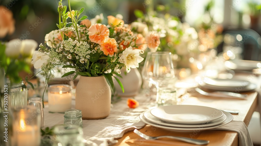 Modern Exquisite delicate decor of a festive wedding, event, table with beautiful dishes and tableware, with decorations of fresh flowers pastel colors Modern Exquisite delicate decor of a festive wedding, event, table with beautiful dishes and tableware, with decorations of fresh flowers pastel colors