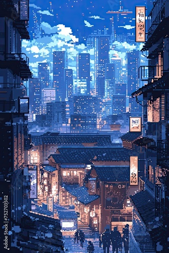 Cyberpunk city background in pixel art style. 