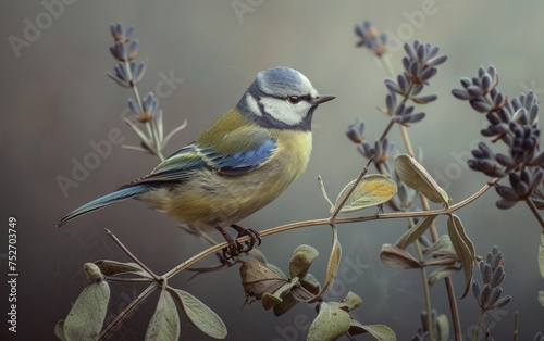 Blue Tit Bird Resting on Lavender Branch