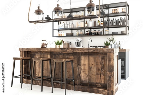 Modern farmhouse kitchen with a rustic bar made from reclaimed barn wood, on isolated white background, Generative AI