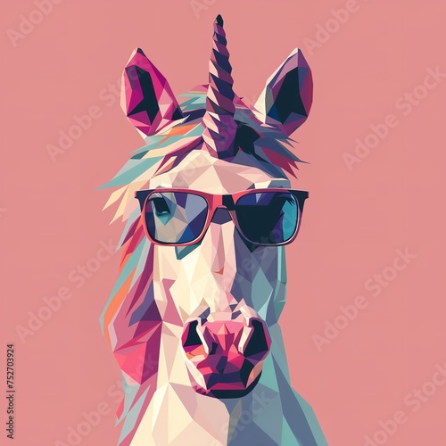  unicorn wearing sunglasses on a solid color background, vector art, digital art, faceted, minimal, abstract 