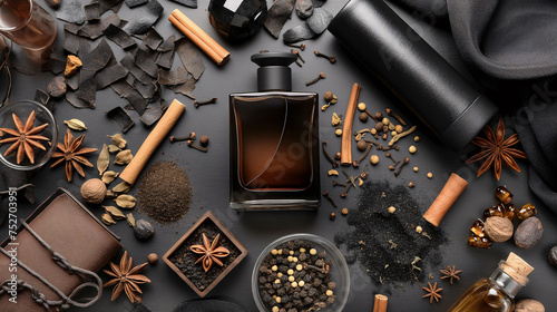 Male's perfume bottle with spices, leather and oils