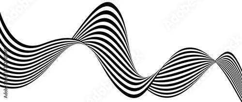 Black and white wavy bent ribbon element. 3D curve stripe shape background. Liquid abstract lines wallpaper for banner, cover, poster, presentation, brochure. Optical illusion art backdrop. Vector 