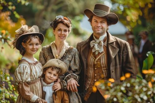 Vintage Family Portrait in Period Costumes Posing Outdoors, Historical Reenactment Scene with Parents and Children