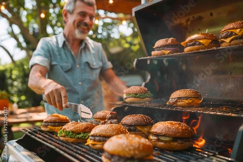 Mature Man Enjoying Outdoor Barbecue Cooking Juicy Beef Burgers on Grill at Summer Backyard Party