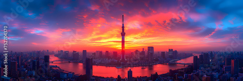 sunset in the mountains, Tokyo Skytree and Sumida River at Dawn, Tokyo, Japan