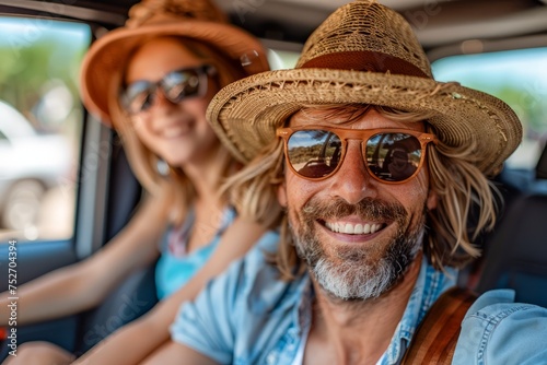 Happy Couple Enjoying a Sunny Road Trip Together, Smiling Man in Sunglasses and Woman in Hat in Car © pisan