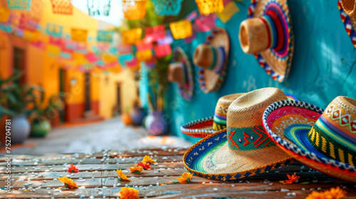 A selection of traditional Mexican sombreros displayed against a vibrant backdrop of a festively decorated alley, invoking the spirit of Mexican heritage.