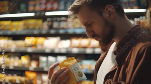 Man reading label on a product in a grocery store. Consumer behavior research, Retail marketing, Nutritional information campaigns. AI Generated.