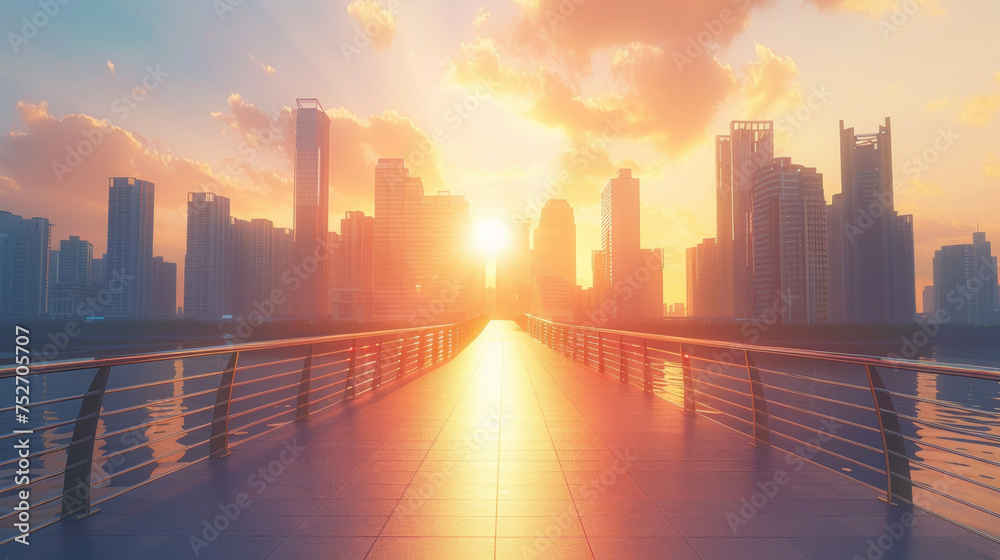 A panoramic view of the city skyline seen from a bridge during a bike tour with the sun setting behind the buildings in a stunning display of light and shadows.