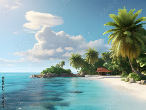 illustration of A tropical beach paradise with swaying palm trees and turquoise water relax under a clear summer sky
