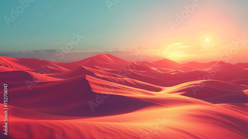 Landscape with red surreal desert against sunset background