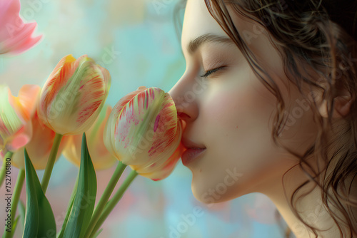 young European woman close up portrait smelling a bouquet of fresh tulips  pastel background  spring celebration