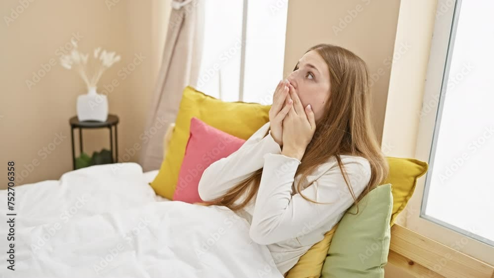Shocked blonde woman in pyjamas covers mouth with hands in bedroom, having made a mistake. young person's secret astonishment portrayed. Shocked blonde woman in pyjamas covers mouth with hands in bedroom, having made a mistake. young person's secret astonishment portrayed.